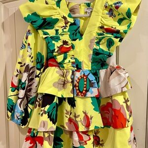 Christopher John Rogers Yellow and Green Asymmetrical Floral Dress Size 2